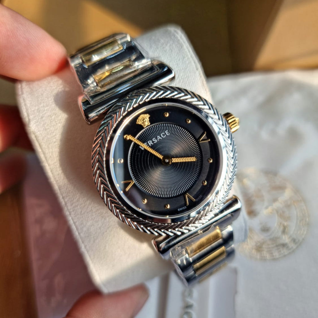 Versace V-Motif Black Dial Two Tone Steel Strap Watch for Women - VERE00518