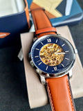 Fossil Commuter Automatic Skeleton Blue Dial Brown Leather Strap Watch for Men - ME3159