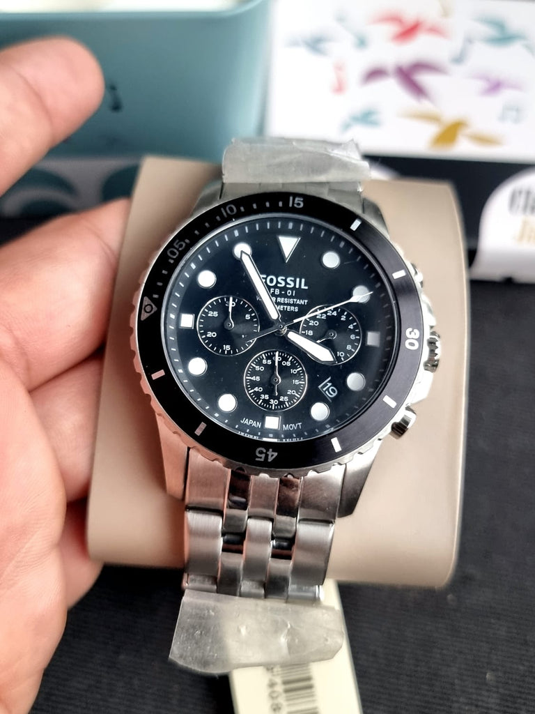Fossil FB-01 Chronograph Black Dial Silver Steel Strap Watch for Men - FS5837