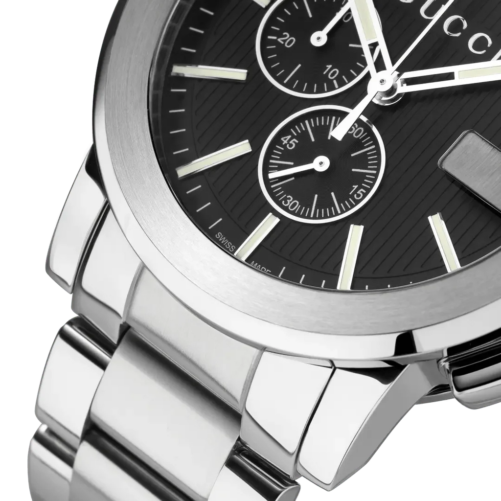 Gucci G Chrono Black Dial Silver Steel Strap Watch For Men - YA101204