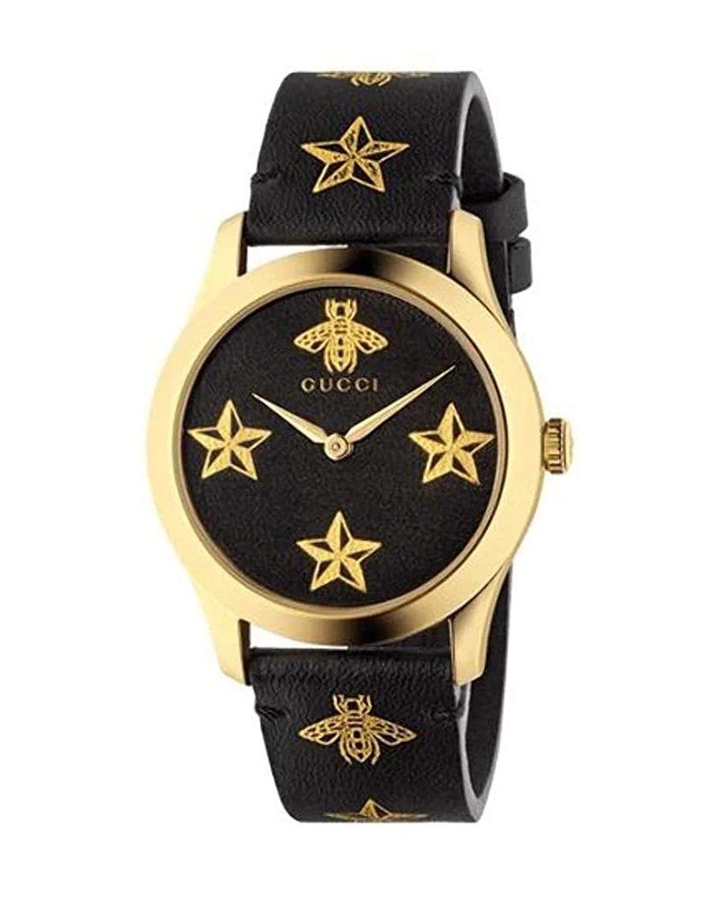 Gucci G Timeless Bee Motif Black Dial Black Leather Strap Watch For Women - YA1264055