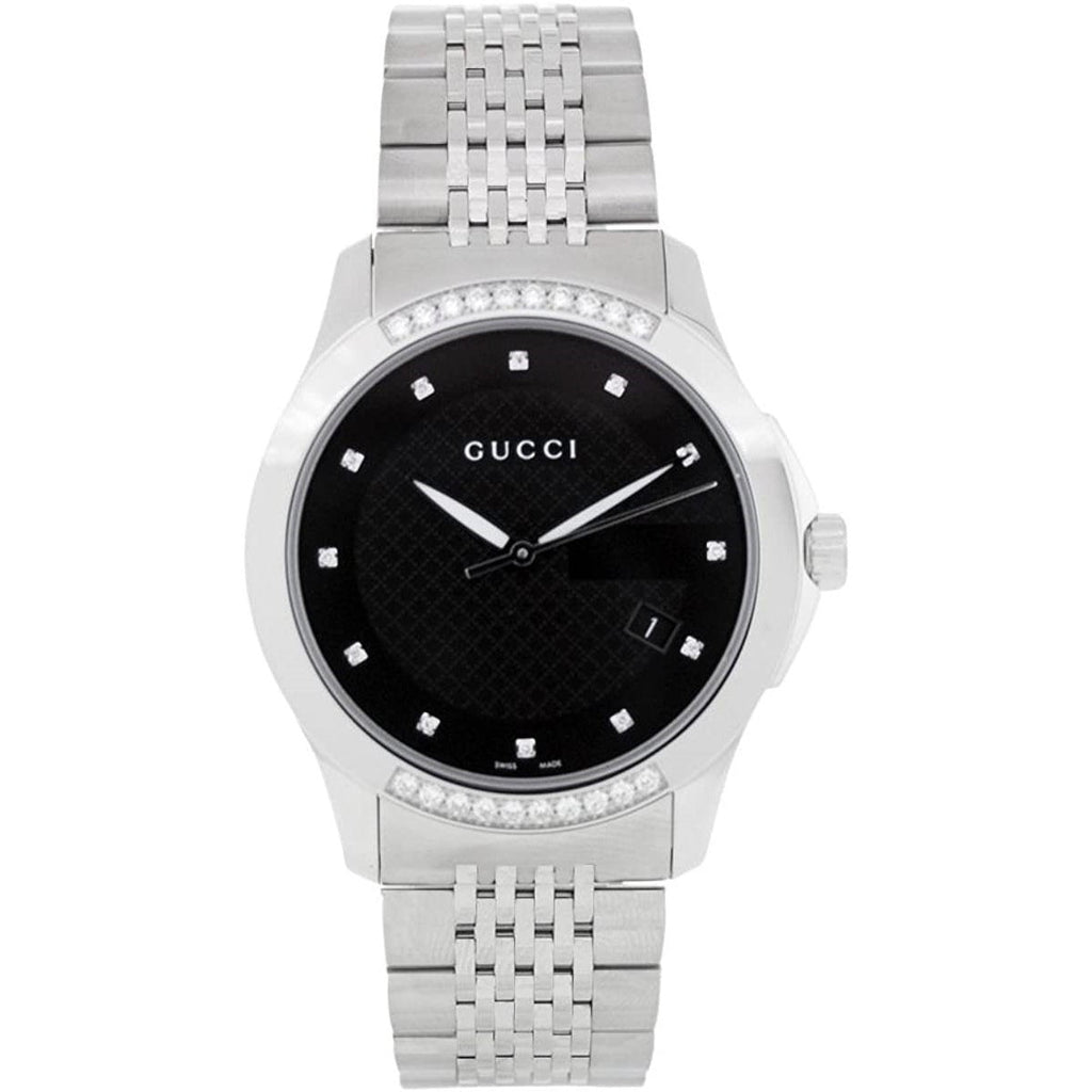 Gucci G Timeless Diamonds Black Dial Silver Steel Strap Watch For Women - YA126408
