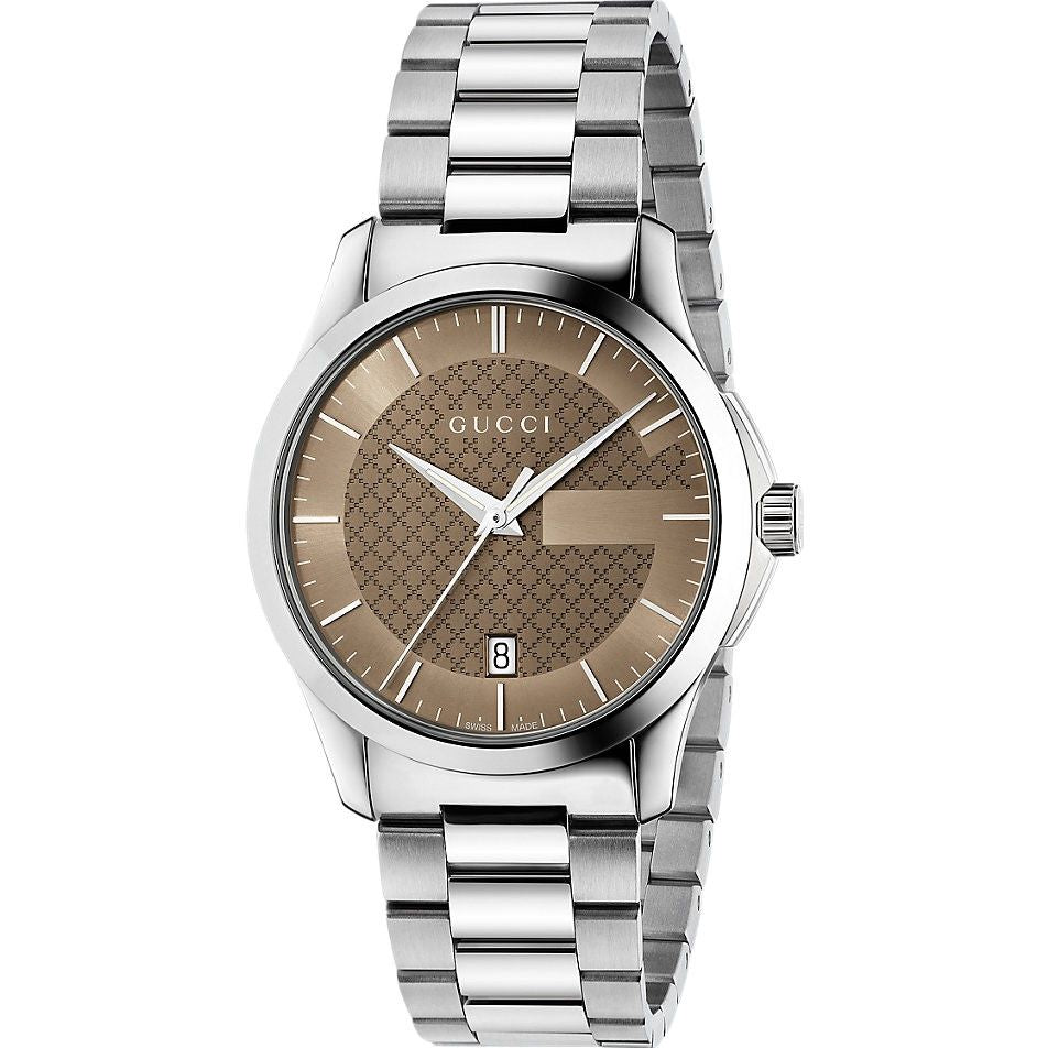 Gucci G Timeless Brown Dial Silver Steel Strap Watch For Men - YA126445