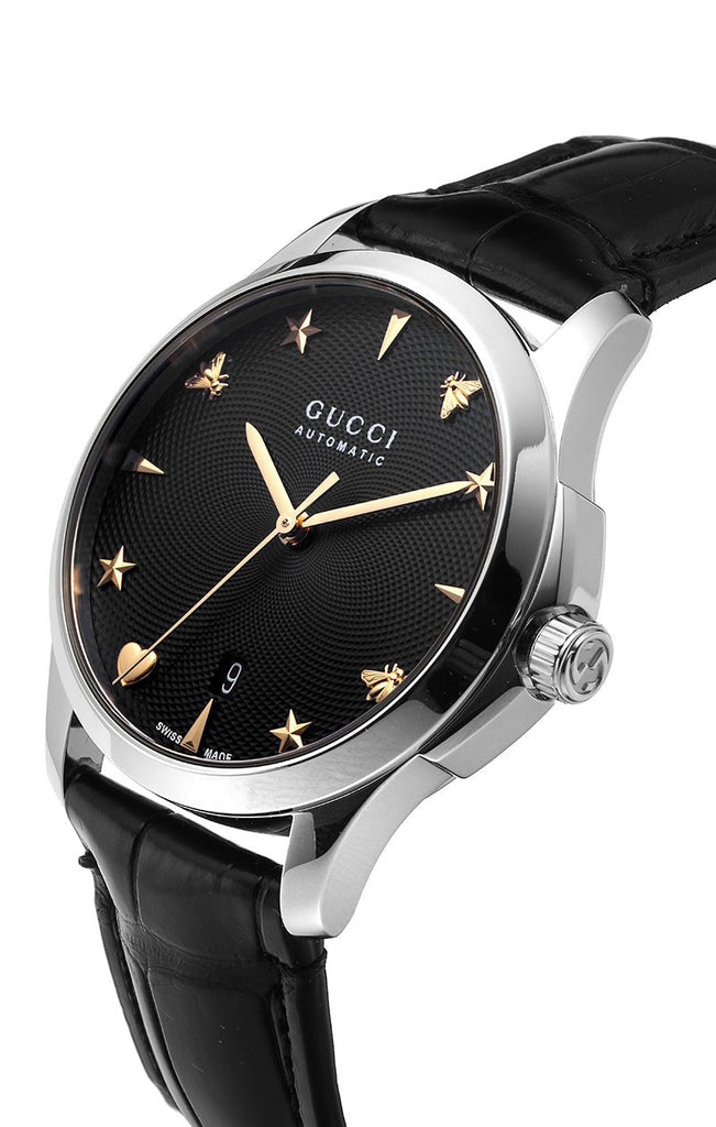 Gucci G Timeless Automatic Black Dial Black Leather Strap Watch For Women - YA126469