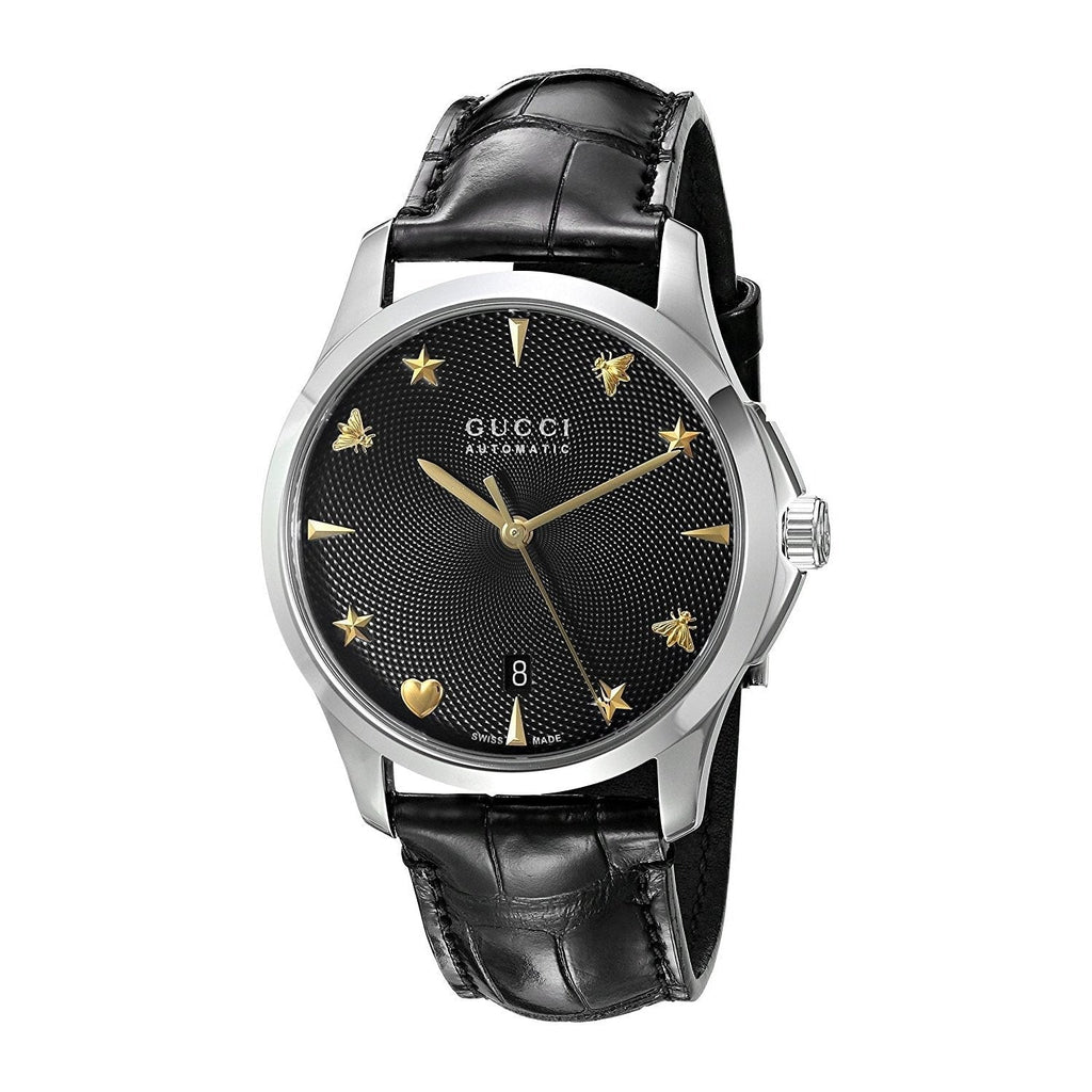 Gucci G Timeless Automatic Black Dial Black Leather Strap Watch For Women - YA126469