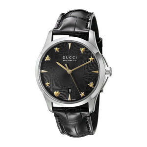 Gucci G Timeless Automatic Black Dial Black Leather Strap Watch For Women - YA126469