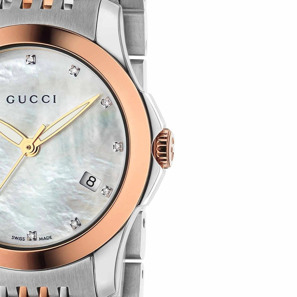 Gucci G Timeless Diamonds Mother of Pearl Dial Two Tone Mesh Bracelet Watch For Women - YA126514
