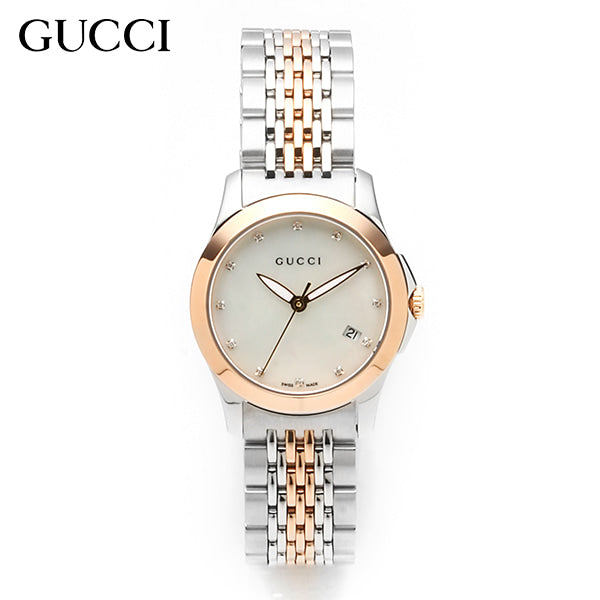 Gucci G Timeless Diamonds Mother of Pearl Dial Two Tone Mesh Bracelet Watch For Women - YA126514
