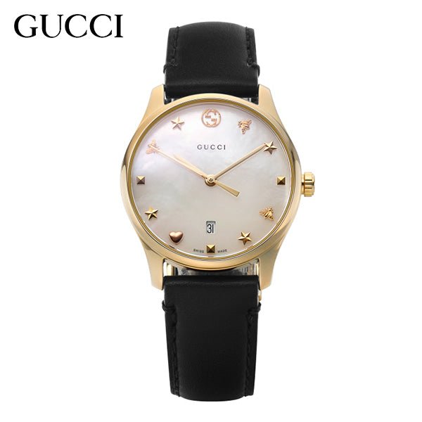 Gucci G-Timeless Mother of Pearl Dial Black Leather Strap Watch For Women - YA126589