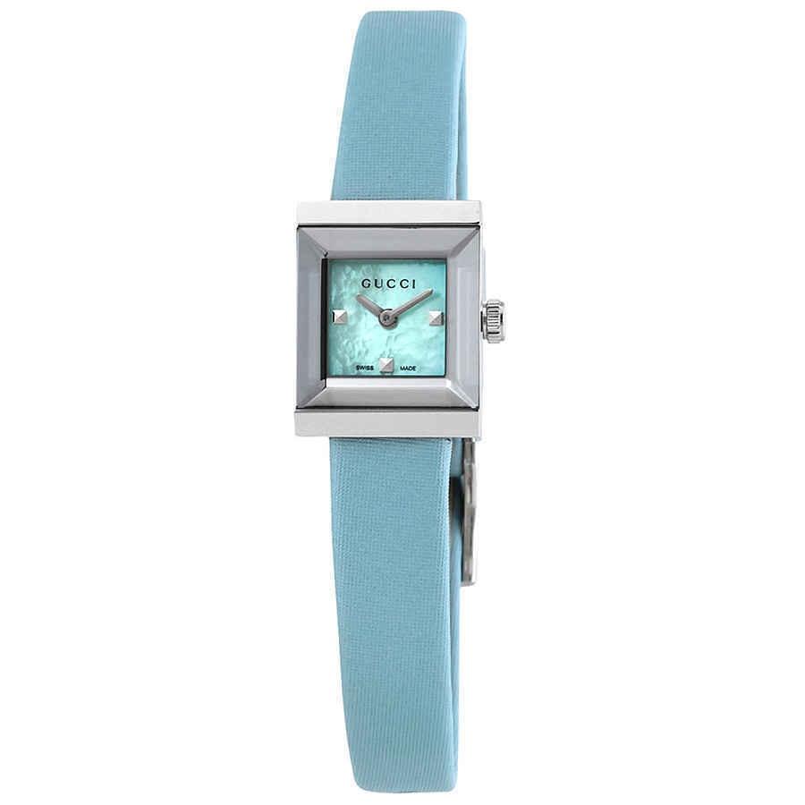 Gucci G-Frame Pastel Blue Mother of Pearl Dial Blue Leather Strap Watch For Women - YA128531