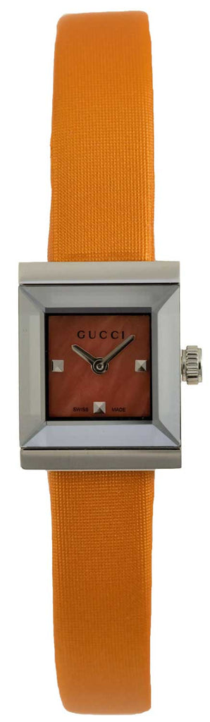 Gucci G-Frame Square Mother of Pearl Orange Dial Orange Leather Strap Watch For Women - YA128532