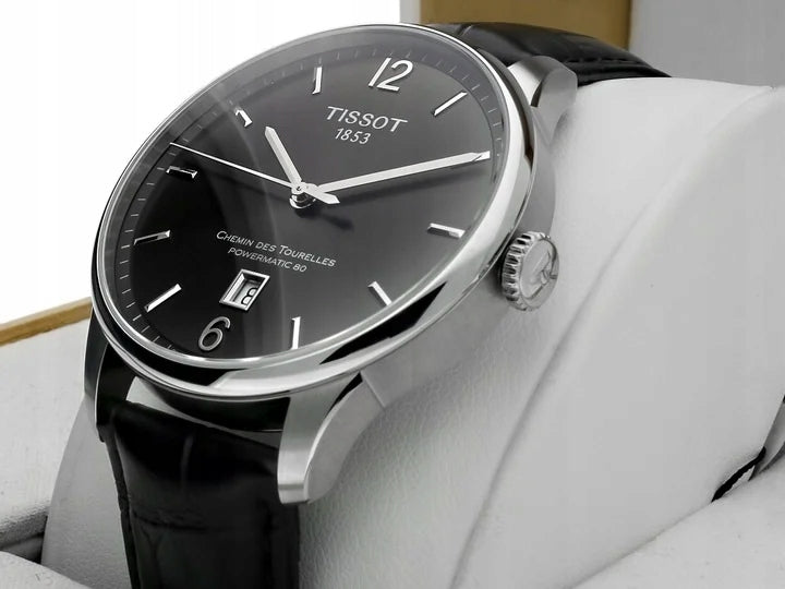 Tissot Chemin Des Tourelles Powermatic 80 Black Dial Black Leather Strap Watch For Men - T099.407.16.447.00