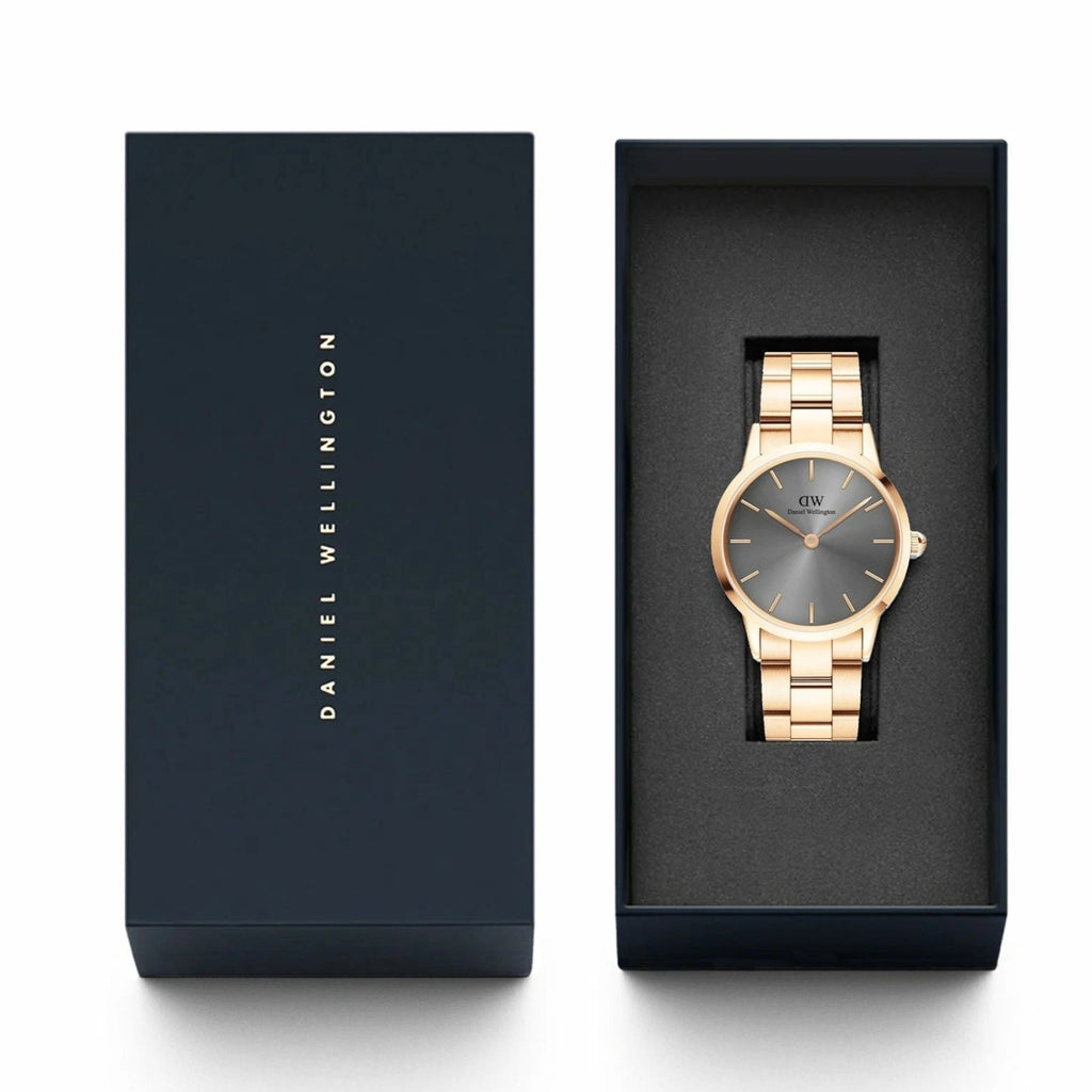 Daniel Wellington Iconic Link Grey Dial Rose Gold Steel Strap Watch For Women - DW00100332