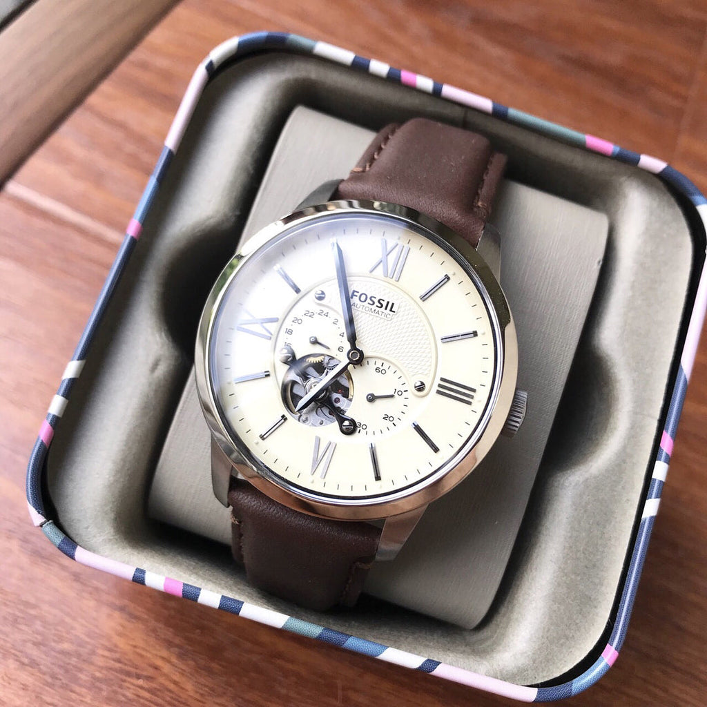 Fossil Townsman Automatic White Dial Brown Leather Strap Watch for Men - ME3064