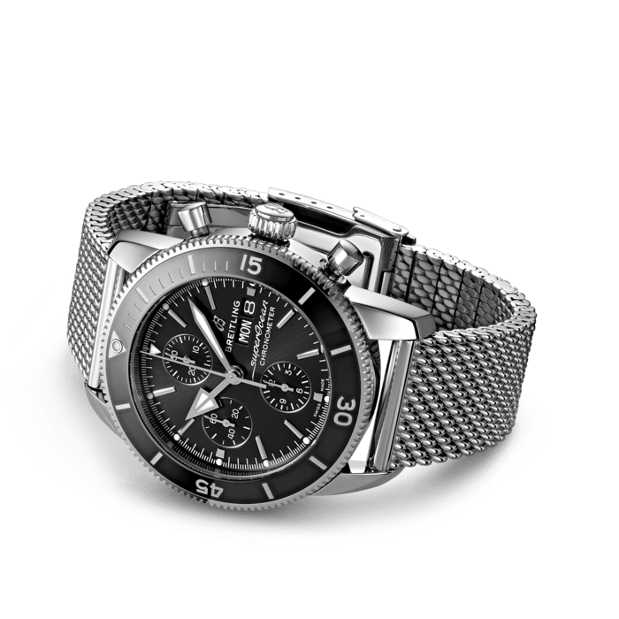 Breitling Superocean Heritage Chronograph 44 Black Dial Silver Mesh Bracelet Watch for Men - A13313121B1A1