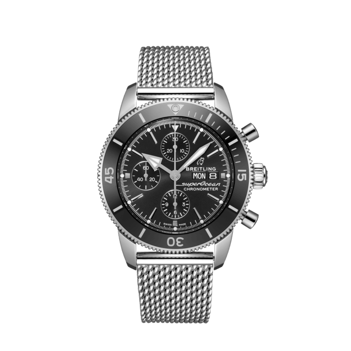 Breitling Superocean Heritage Chronograph 44 Black Dial Silver Mesh Bracelet Watch for Men - A13313121B1A1