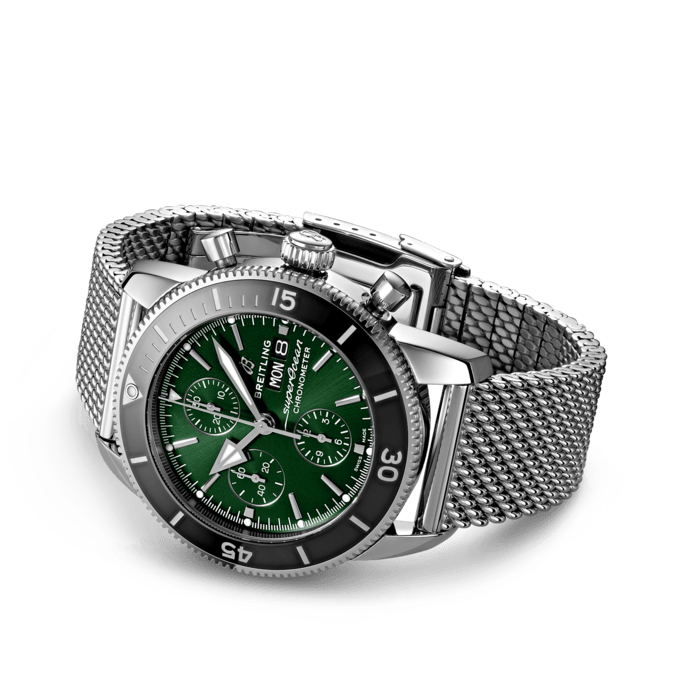 Breitling Superocean Heritage Chronograph 44 Green Dial Silver Mesh Bracelet Watch for Men - A13313121L1A1