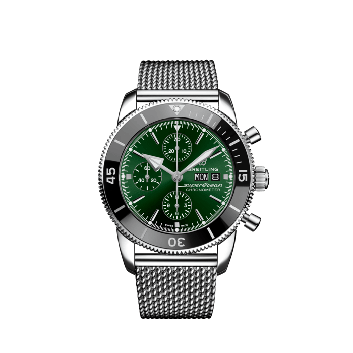 Breitling Superocean Heritage Chronograph 44 Green Dial Silver Mesh Bracelet Watch for Men - A13313121L1A1