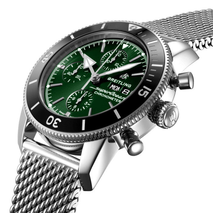 Breitling Superocean Heritage Chronograph 44 Green Dial Silver Mesh Bracelet Watch for Men - A13313121L1A1