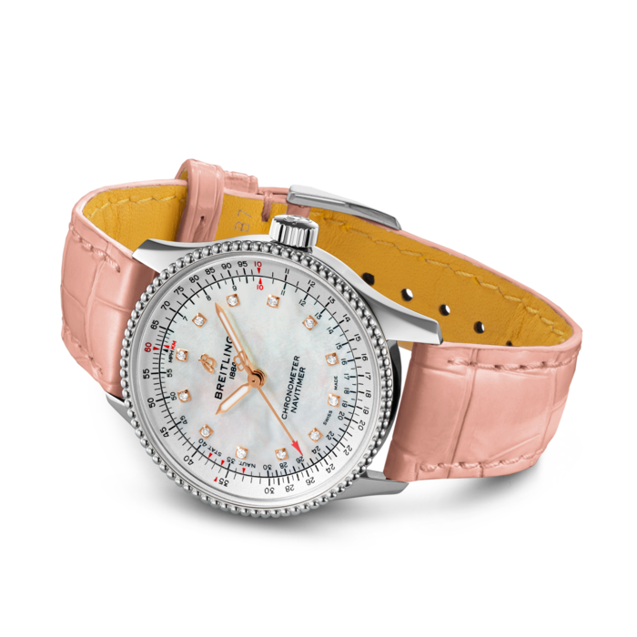 Breitling Navitimer Automatic 35 Mother of Pearl Dial Pink Leather Strap Watch for Women - A17395211A1P3