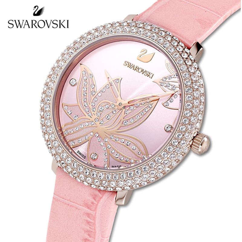Swarovski Crystal Quartz Pink Dial Pink Leather Strap Watch for Women - 5575217