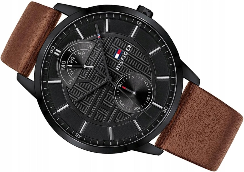 Tommy Hilfiger Hunter Black Dial Brown Leather Strap Watch for Men - 1791604