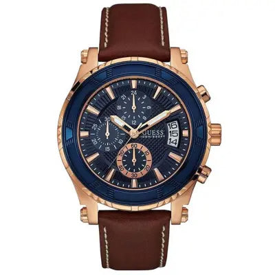 Guess Pinnacle Chronograph Quartz Blue Dial Brown Leather Strap Watch For Women - W0673G3