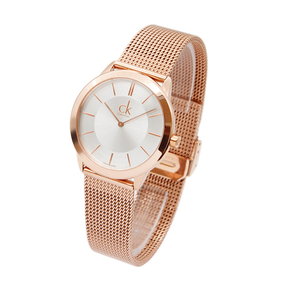 Calvin Klein Minimal White Dial Rose Gold Mesh Bracelet Watch for Women - K3M22626