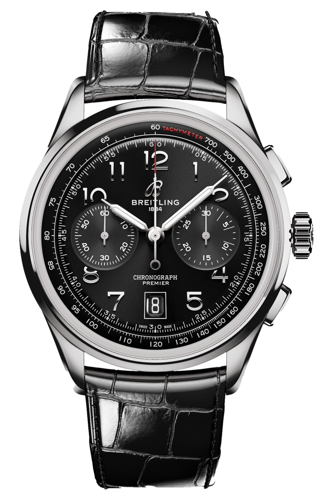 Breitling Premier B01 Chronograph 42 Black Dial Black Leather Strap Watch for Men - AB0145221B1P1