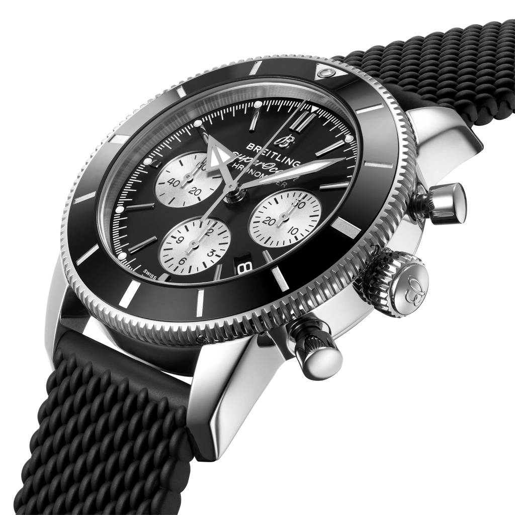 Breitling Superocean Heritage B01 Chronograph 44 Black Dial Black Mesh Bracelet Watch for Men - AB0162121B1S1