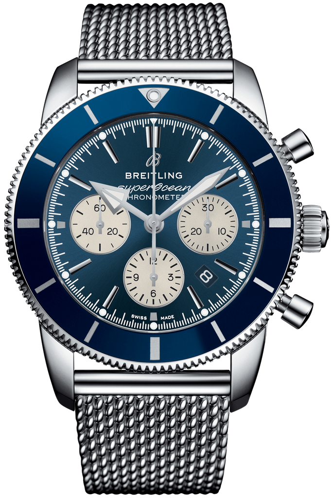 Breitling Superocean Heritage B01 Chronograph 44 Blue Dial Silver Mesh Bracelet Watch for Men - AB0162161C1A1