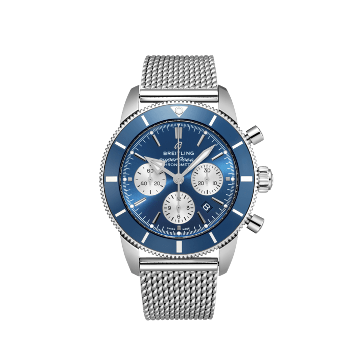 Breitling Superocean Heritage B01 Chronograph 44 Blue Dial Silver Mesh Bracelet Watch for Men - AB0162161C1A1
