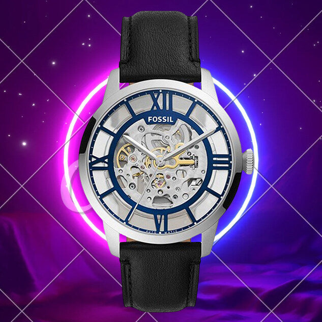 Fossil Townsman Automatic Skeleton Blue Dial Black Leather Strap Watch for Men - ME3200