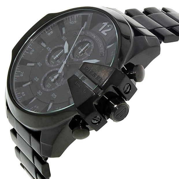 Diesel Mega Chief Chronograph Black Dial Black Steel Strap Watch For Men - DZ4355