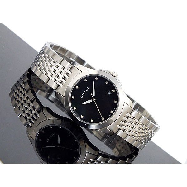 Gucci G Timeless Diamonds Mother of Pearl Black Dial Silver Steel Strap Watch For Women - YA126505