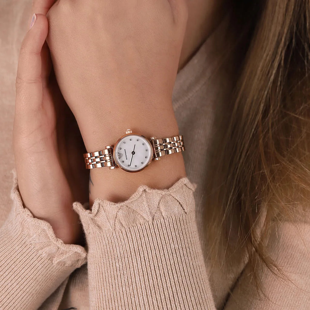 Emporio Armani Gianni T-Bar Mother of Pearl Dial Rose Gold Steel Strap Watch For Women - AR11203