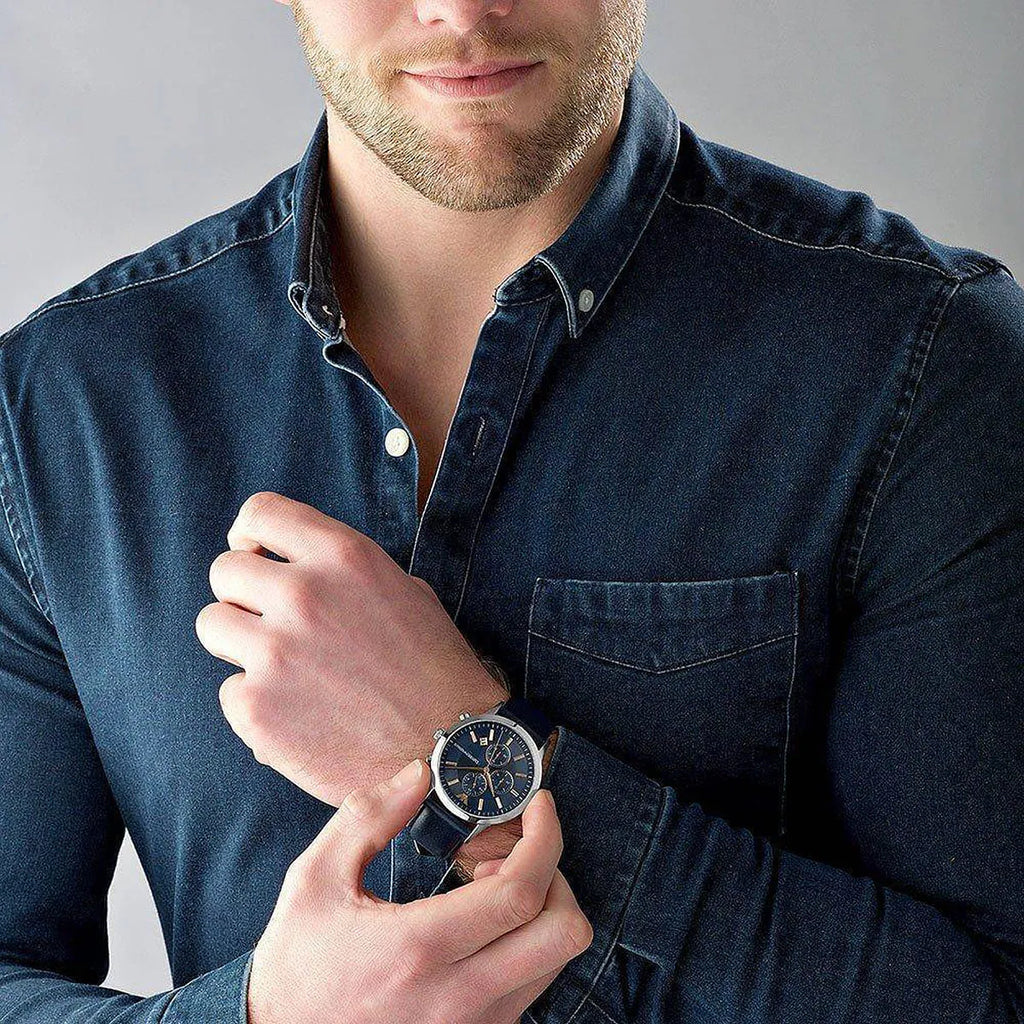 Emporio Armani Renato Chronograph Blue Dial Black Leather Strap Watch For Men - AR11216