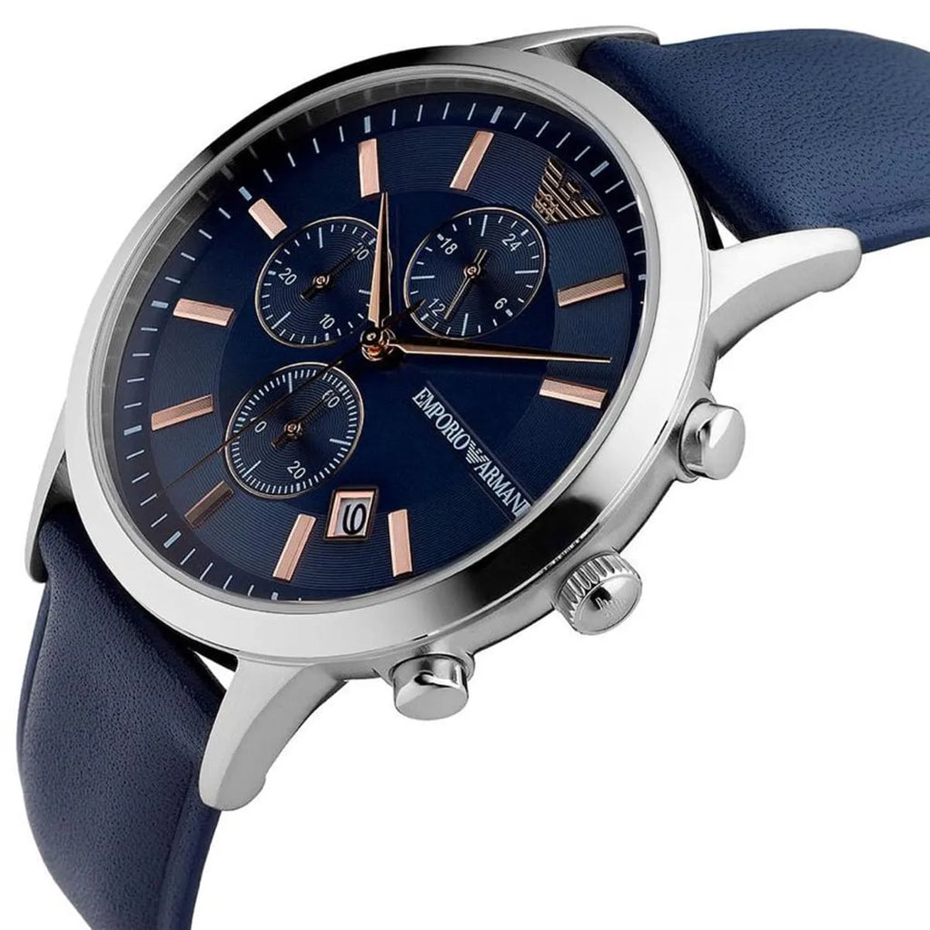 Emporio Armani Renato Chronograph Blue Dial Black Leather Strap Watch For Men - AR11216