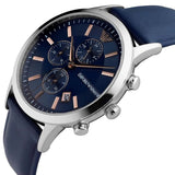 Emporio Armani Renato Chronograph Blue Dial Black Leather Strap Watch For Men - AR11216