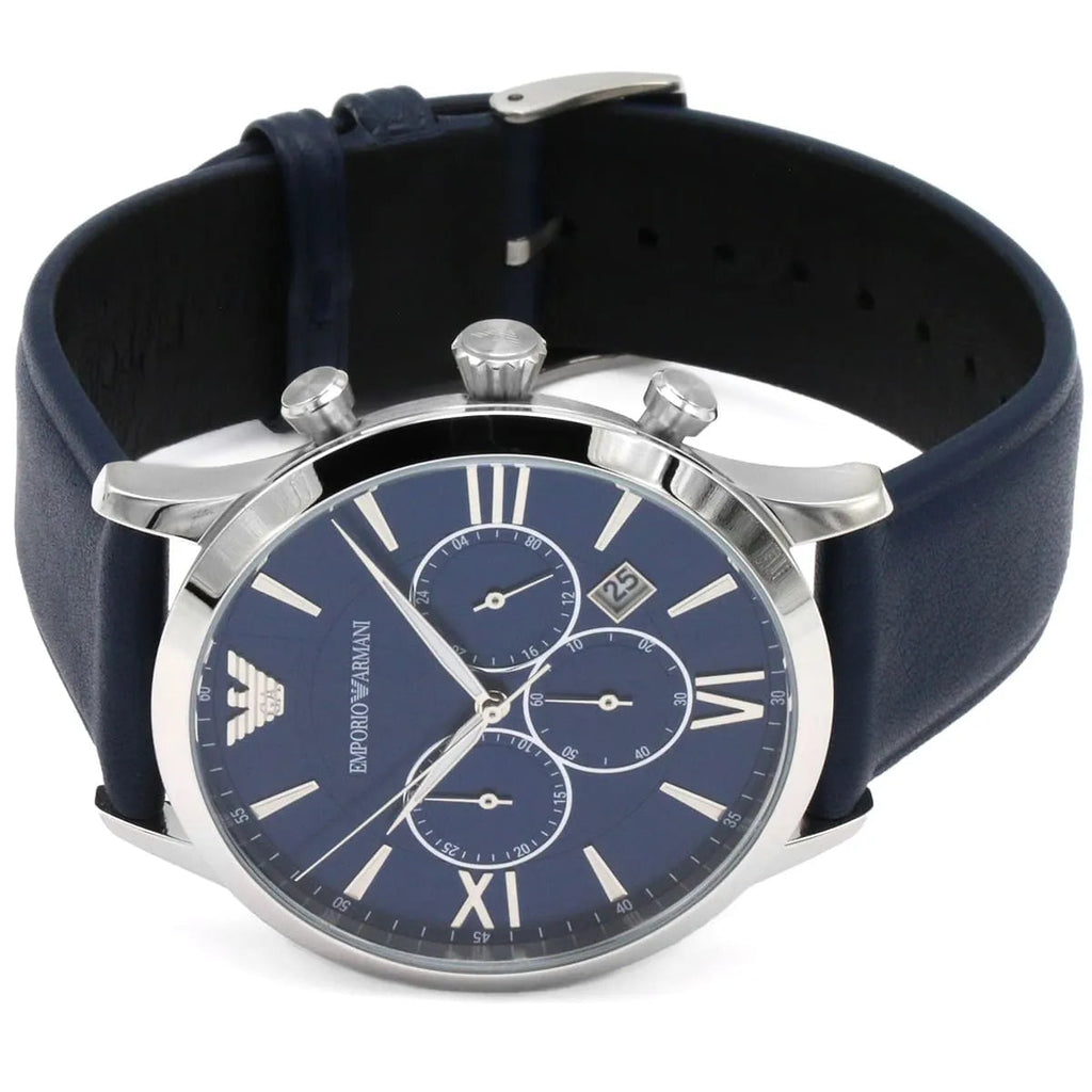 Emporio Armani Giovanni T Bar Chronograph Quartz Blue Dial Blue Leather Strap Watch For Men - AR11226