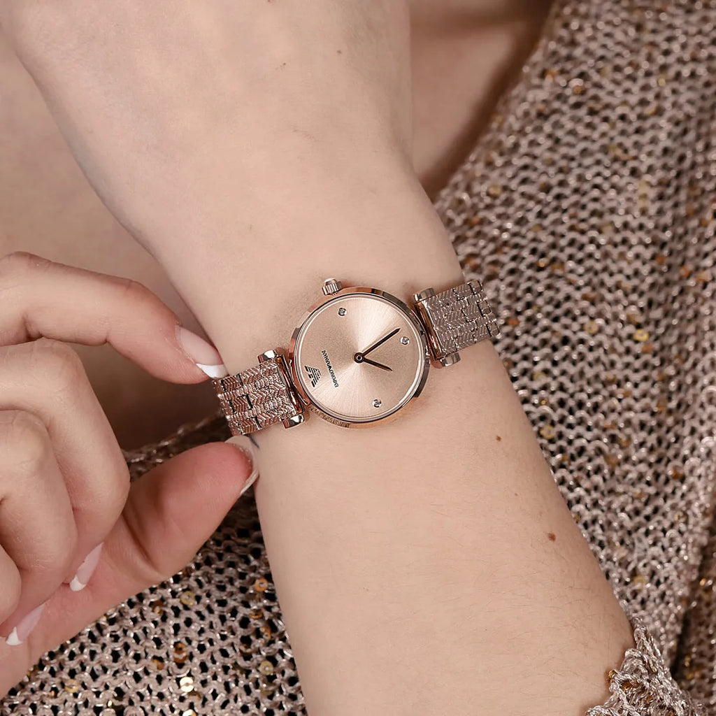 Emporio Armani Gianni T Bar Quartz Rose Gold Dial Rose Gold Steel Strap Watch For Women - AR11342