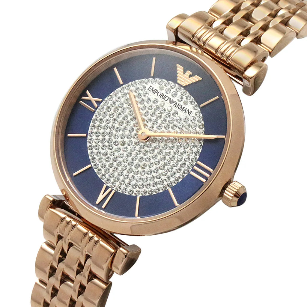 Emporio Armani Gianni T-Bar Quartz Crystals Black Dial Gold Steel Strap Watch For Women - AR11423