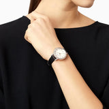 Emporio Armani Cleo Three-Hand Mother of Pearl Dial Black Leather Strap Watch For Women - AR11485