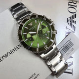 Emporio Armani Diver Chronograph Green Dial Silver Steel Strap Watch For Men - AR11500
