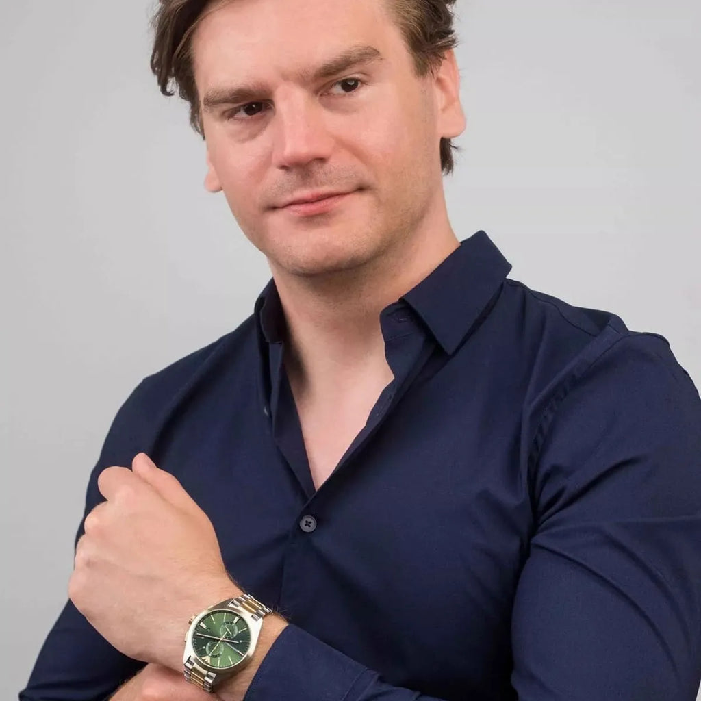 Emporio Armani Claudio Chronograph Green Dial Two Tone Steel Strap Watch For Women - AR11511