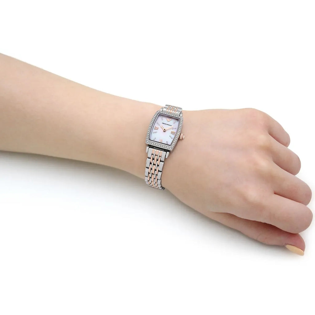 Emporio Armani Gianni T Bar White Mother Of Pearl Dial Two Tone Steel Strap Watch For Women - AR11519