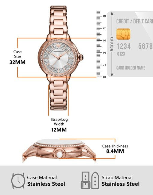 Emporio Armani Mia Three Hand Crystals Silver Dial Rose Gold Steel Strap Watch For Women - AR11633