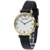 Emporio Armani Gianni T-Bar Quartz Mother of Pearl Dial Black Leather Strap Watch For Women - AR1910