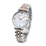 Emporio Armani Gianni T-Bar Mother of Pearl Dial Two Tone Steel Strap Watch For Women - AR1987