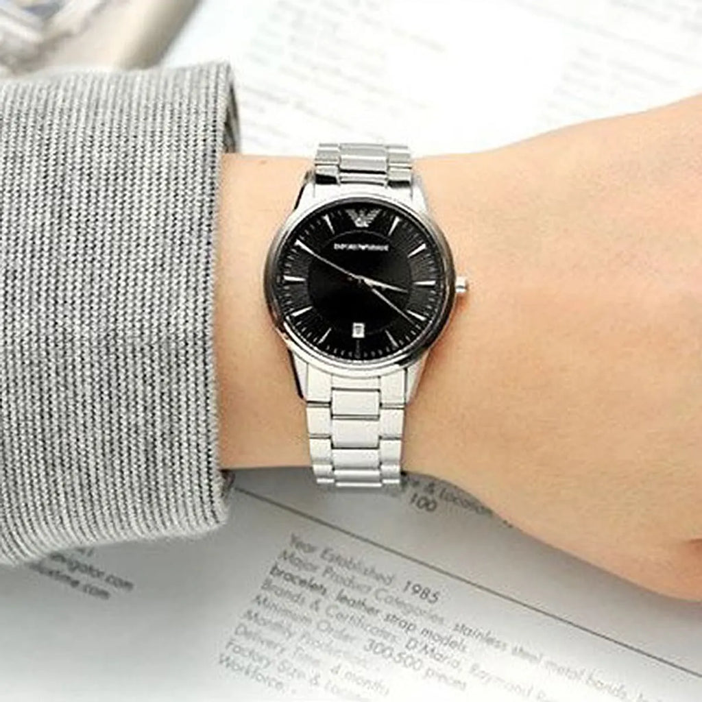 Emporio Armani Classic Quartz Black Dial Silver Steel Strap Watch For Women - AR2441